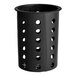 A black plastic flatware cylinder with holes.