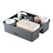 A grey Lavex cleaning caddy with compartments holding cleaning supplies.