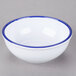 A white melamine bowl with a blue rim.