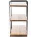 A Cal-Mil Madera rustic pine 3-shelf riser with a black metal frame.
