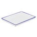 A white rectangular melamine tray with a blue rim.