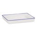 A white rectangular melamine tray with a blue rim.
