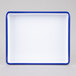 A white rectangular melamine tray with a blue border.