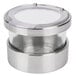 A silver metal Cal-Mil Luxe jar with a clear plastic lid.