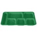 A kelly green rectangular Cambro serving tray with six compartments.