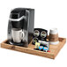 A Cal-Mil Madera wooden serving tray with a coffee maker and mugs on it.