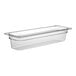 A clear plastic Cambro food pan with a lid on a counter.