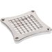 A stainless steel metal grid with holes.