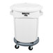 A white Rubbermaid BRUTE trash can with a lid and wheels.