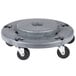 A Rubbermaid grey plastic container with black wheels.