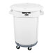 A white Rubbermaid BRUTE trash can with wheels and a lid.