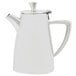 A silver stainless steel coffee pot with a lid and white handle.