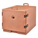 A brown plastic container with black handles.