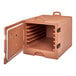 A brown plastic Cambro tray/sheet pan carrier with the door open.