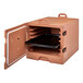 A brown plastic Cambro insulated tray and sheet pan carrier with a black tray inside.