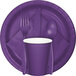 A Creative Converting amethyst purple paper plate with a fork, spoon, and knife.