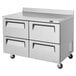 A stainless steel Turbo Air worktop refrigerator with four drawers.