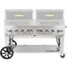 A large silver Crown Verity mobile outdoor grill with wheels.