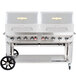 A large silver Crown Verity Pro Series outdoor grill on a cart with wheels.