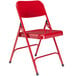 A red National Public Seating metal folding chair.