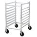 A metal Channel sheet pan rack with black wheels.