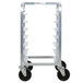 A Channel metal sheet pan rack cart with 6 shelves on black wheels.