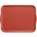 A raspberry cream rectangular Cambro tray with handles.