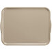 A rectangular taupe Cambro tray with handles.