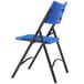 A National Public Seating black metal folding chair with blue plastic back and seat.