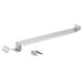 A stainless steel metal bar with two metal clips.