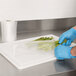 A person in blue gloves using an ARY VacMaster full mesh bag to vacuum seal asparagus.