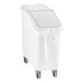 A white plastic bin with wheels and a lid.
