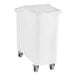 A white plastic container with wheels and a lid.