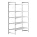 A white Cambro Camshelving® Premium shelving unit with five vented shelves.