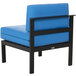 A blue BFM Seating aluminum armless chair with a blue cushion and black legs.