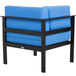 A blue BFM Seating aluminum armchair with a black frame and cushion.