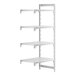 A white plastic Cambro Camshelving Premium add on unit with four shelves.