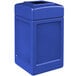 A blue rectangular Commercial Zone PolyTec waste container with a square lid.