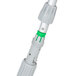 A close-up of a white pole with a grey and green cone adapter on the end.