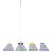 A Unger SmartColor microfiber mop kit with white, red, and blue mops and a red and blue pole.