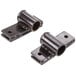 A pair of black metal brackets with holes.