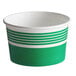 A green paper frozen yogurt or food cup with white stripes around the top edge.