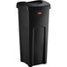 A black Rubbermaid Untouchable 23 gallon trash can with a lid.