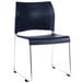 A navy blue National Public Seating stack chair with chrome legs.