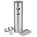 A silver metal Aarco wall mounted cigarette receptacle with a metal lid.