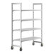 A white Cambro Camshelving® Premium mobile shelving unit with 4 vented shelves and wheels.