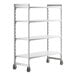 A white Cambro Camshelving Premium mobile shelving unit with 4 solid shelves and wheels.