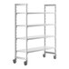 A white Cambro Camshelving Premium mobile shelving unit with 4 solid shelves and wheels.