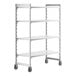 A white Cambro Camshelving® Premium mobile shelving unit with 4 solid shelves and wheels.