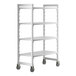 A white plastic Cambro Camshelving® Premium mobile shelving unit with wheels.